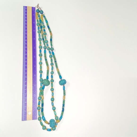 Vintage Teal Beige Wood Necklace Multi Strand Beads Boho Layered Beaded - Picture 8 of 8